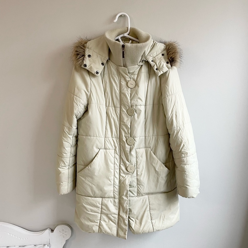TALLY HO OUTERWEAR CREAM PUFFER COAT POCKETS BUTTONS STORM CUFFS DETACHABLE HOOD